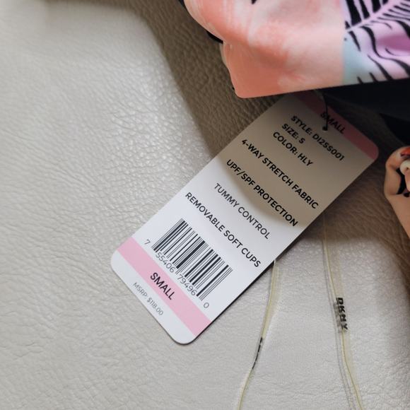 New DKNY Swimsuit Halter Shirred Waist Island Tropical Black Coral Small Lined - Picture 9 of 9